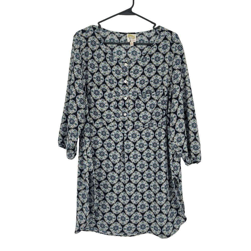Fig & Flower Womens 2X Tunic Top Boho Floral Medallion Print Peasant Blouse